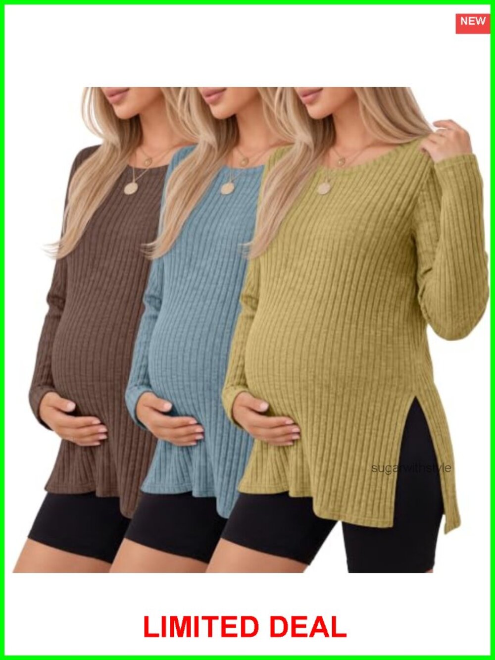 Ribbed Knit Maternity Sweaters 3 Pack Long Sleeve Scoop Neck Side Slit Pregnancy